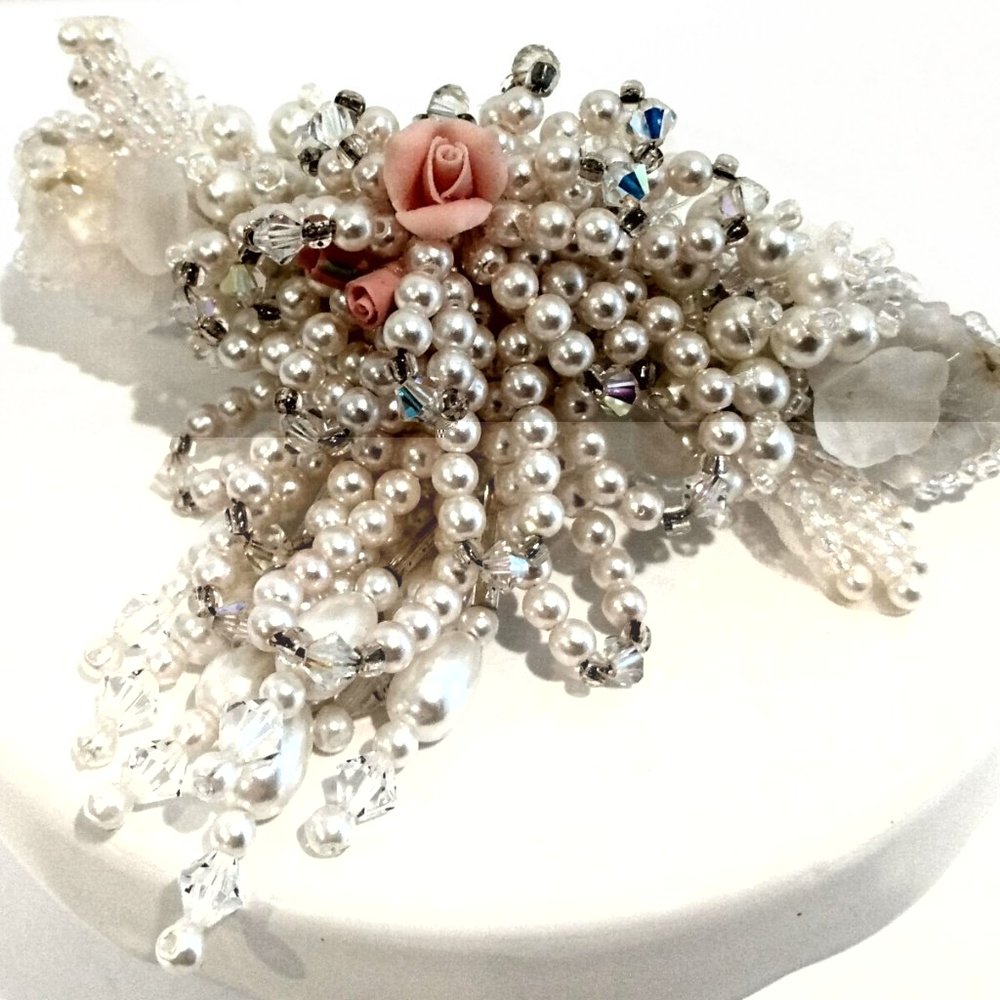 Vintage French Hair Barrette/Clip Pink Porcelain Flower Pearls Hand beaded